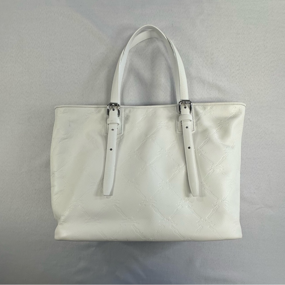 Longchamp • LM Cuir Embossed Logo Metal Luggage Tag White Double Shoulder RARE - Picture 4 of 14